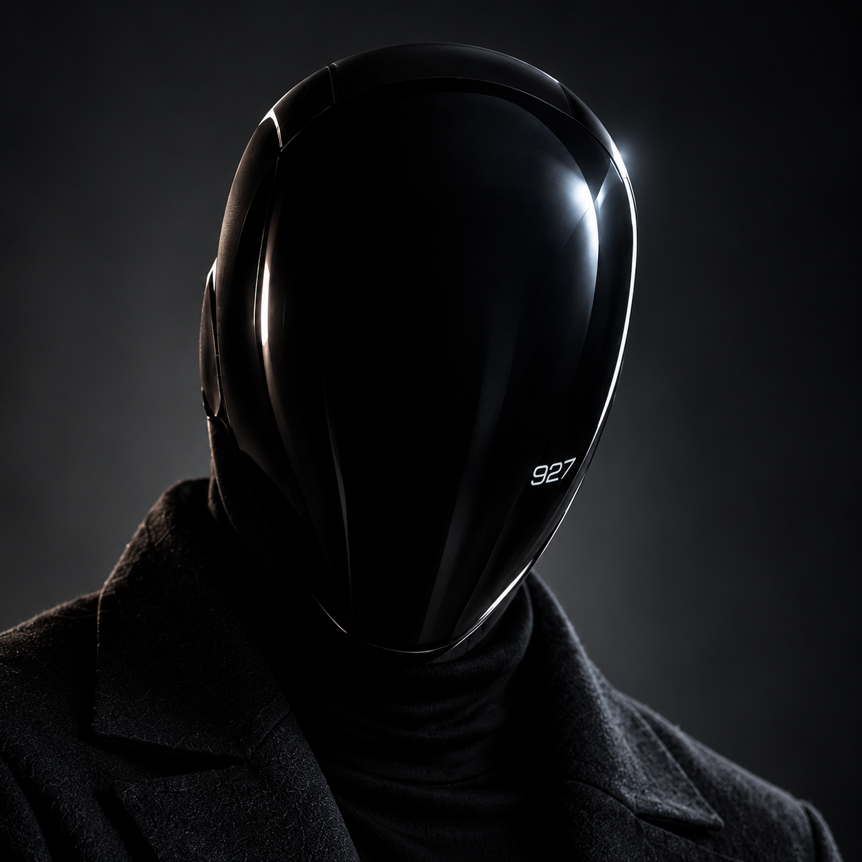 Agent 927 wearing his black visor, marked with the number 927.
