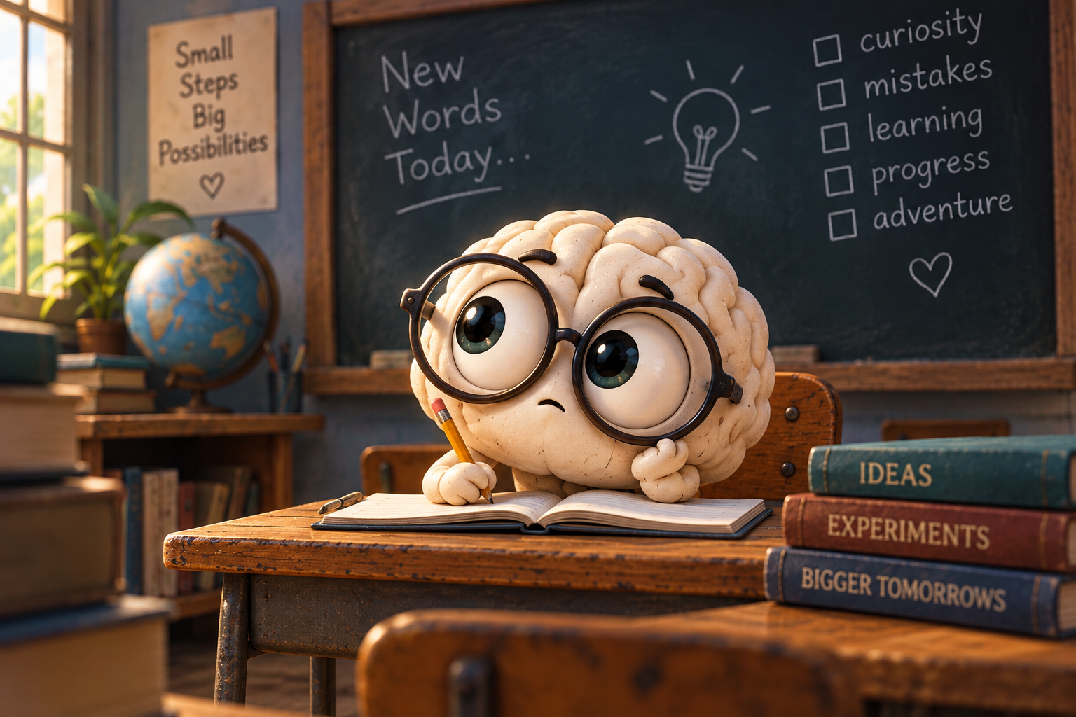 Little Brain wearing large glasses at a wooden school desk in front of a chalkboard.